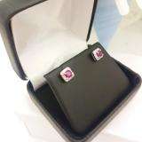 Sterling Silver 4 MM Cushion Ruby And Baguette & Round White Diamond Ladies Stud Earrings
