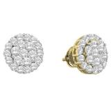 2.00 Carat (ctw) 10K Yellow Gold Round White Diamond Ladies Cluster Flower Earrings