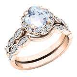 18K Rose Gold 5.5 MM Cushion Aquamarine & Round Diamond Ladies Halo Engagement Ring Set