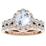 18K Rose Gold 5.5 MM Cushion Aquamarine & Round Diamond Ladies Halo Engagement Ring Set