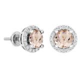 Sterling Silver 6 MM Each Round Morganite & White Cubic Zirconia Ladies Halo Style Stud Earrings