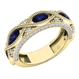 10K Yellow Gold 5X3 MM Each Oval Blue Sapphire & Round White Diamond Ladies Stackable Wedding Band