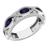 18K White Gold 5X3 MM Each Oval Blue Sapphire & Round White Diamond Ladies Stackable Wedding Band