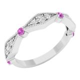 10K White Gold Round Pink Sapphire & White Diamond Ladies Vintage Style Stackable Wedding Band Ring