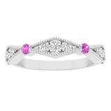 10K White Gold Round Pink Sapphire & White Diamond Ladies Vintage Style Stackable Wedding Band Ring