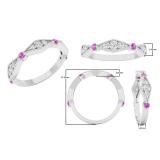 10K White Gold Round Pink Sapphire & White Diamond Ladies Vintage Style Stackable Wedding Band Ring