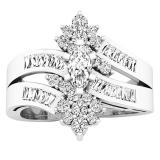 1.00 Carat (ctw) 14K White Gold MarquiseBaguette & Round Diamonds Fashion Right Hand Ring 1 CT