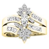 1.00 Carat (ctw) 14K Yellow Gold MarquiseBaguette & Round Diamonds Fashion Right Hand Ring 1 CT