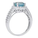 Sterling Silver 8 MM Round Blue Topaz & White Diamond Halo Split Shank Bridal Engagement Ring