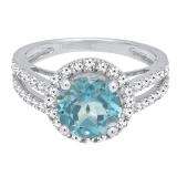 Sterling Silver 8 MM Round Blue Topaz & White Diamond Halo Split Shank Bridal Engagement Ring