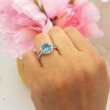 Sterling Silver 8 MM Round Blue Topaz & White Diamond Halo Split Shank Bridal Engagement Ring