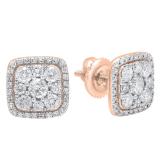 1.00 Carat (ctw) 10K Rose Gold Round White Diamond Ladies Cluster Style Stud Earrings 1 CT