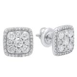 1.00 Carat (ctw) 10K White Gold Round White Diamond Ladies Cluster Style Stud Earrings 1 CT