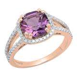 10K Rose Gold 8 MM Cushion Amethyst & Round Diamond Ladies Halo Split Shank Engagement Ring