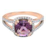 10K Rose Gold 8 MM Cushion Amethyst & Round Diamond Ladies Halo Split Shank Engagement Ring