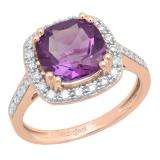14K Rose Gold 9X9 MM Cushion Amethyst & Round White Diamond Bridal Halo Engagement Ring