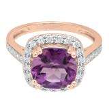 14K Rose Gold 9X9 MM Cushion Amethyst & Round White Diamond Bridal Halo Engagement Ring