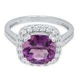14K White Gold 9X9 MM Cushion Amethyst & Round White Diamond Bridal Halo Engagement Ring