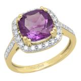 14K Yellow Gold 9X9 MM Cushion Amethyst & Round White Diamond Bridal Halo Engagement Ring