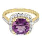 14K Yellow Gold 9X9 MM Cushion Amethyst & Round White Diamond Bridal Halo Engagement Ring