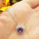 14K White Gold 8 MM Heart Amethyst & Round Diamond Heart Double Halo Pendant