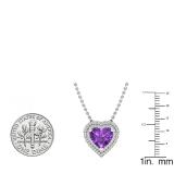 18K White Gold 8 MM Heart Amethyst & Round Diamond Heart Double Halo Pendant