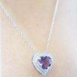 18K White Gold 8 MM Heart Amethyst & Round Diamond Heart Double Halo Pendant