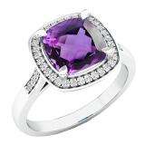 14K White Gold 8 MM Cushion Amethyst & Round White Diamond Ladies Bridal Halo Engagement Ring
