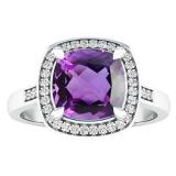 14K White Gold 8 MM Cushion Amethyst & Round White Diamond Ladies Bridal Halo Engagement Ring
