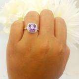 14K Yellow Gold 8 MM Cushion Amethyst & Round White Diamond Ladies Bridal Halo Engagement Ring