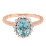 10K Rose Gold 8X6 MM Oval Blue Topaz & Round White Diamond Bridal Engagement Ring