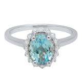 10K White Gold 8X6 MM Oval Blue Topaz & Round White Diamond Bridal Engagement Ring