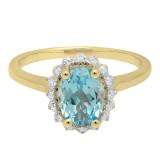 10K Yellow Gold 8X6 MM Oval Blue Topaz & Round White Diamond Bridal Engagement Ring