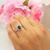 10K White Gold 8X6 MM Oval Blue Sapphire & Round White Diamond Ladies Bridal Halo Engagement Ring