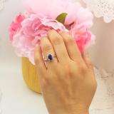 10K White Gold 8X6 MM Oval Blue Sapphire & Round White Diamond Ladies Bridal Halo Engagement Ring