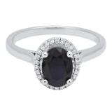 14K White Gold 8X6 MM Oval Blue Sapphire & Round White Diamond Ladies Bridal Halo Engagement Ring