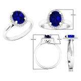 14K White Gold 8X6 MM Oval Blue Sapphire & Round White Diamond Ladies Bridal Halo Engagement Ring