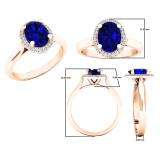 18K Rose Gold 8X6 MM Oval Blue Sapphire & Round White Diamond Ladies Bridal Halo Engagement Ring