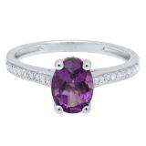 10K White Gold 8X6 MM Oval Amethyst & Round White Diamond Ladies Bridal Halo Engagement Ring