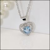 14K White Gold 5 MM Heart Blue Topaz & Round White Diamond Ladies Halo Heart Shape Pendant