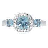 14K White Gold Cushion Aquamarine & Round Diamond Bridal 3 Stone Engagement Ring
