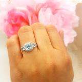 14K White Gold Cushion Aquamarine & Round Diamond Bridal 3 Stone Engagement Ring