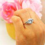 14K White Gold Cushion Aquamarine & Round Diamond Bridal 3 Stone Engagement Ring