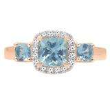 18K Rose Gold Cushion Aquamarine & Round Diamond Bridal 3 Stone Engagement Ring