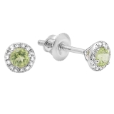 10K White Gold 3 MM Round Peridot & White Diamond Ladies Halo Stud Earrings