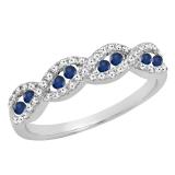14K White Gold Round Blue Sapphire & Diamond Ladies Swirl Anniversary Wedding Band 1/3 CT