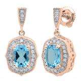 10K Rose Gold 7 MM Each Cushion Blue Topaz & Round White Diamond Ladies Drop Earrings