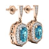 10K Rose Gold 7 MM Each Cushion Blue Topaz & Round White Diamond Ladies Drop Earrings