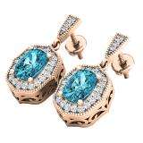 10K Rose Gold 7 MM Each Cushion Blue Topaz & Round White Diamond Ladies Drop Earrings