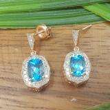 10K Rose Gold 7 MM Each Cushion Blue Topaz & Round White Diamond Ladies Drop Earrings